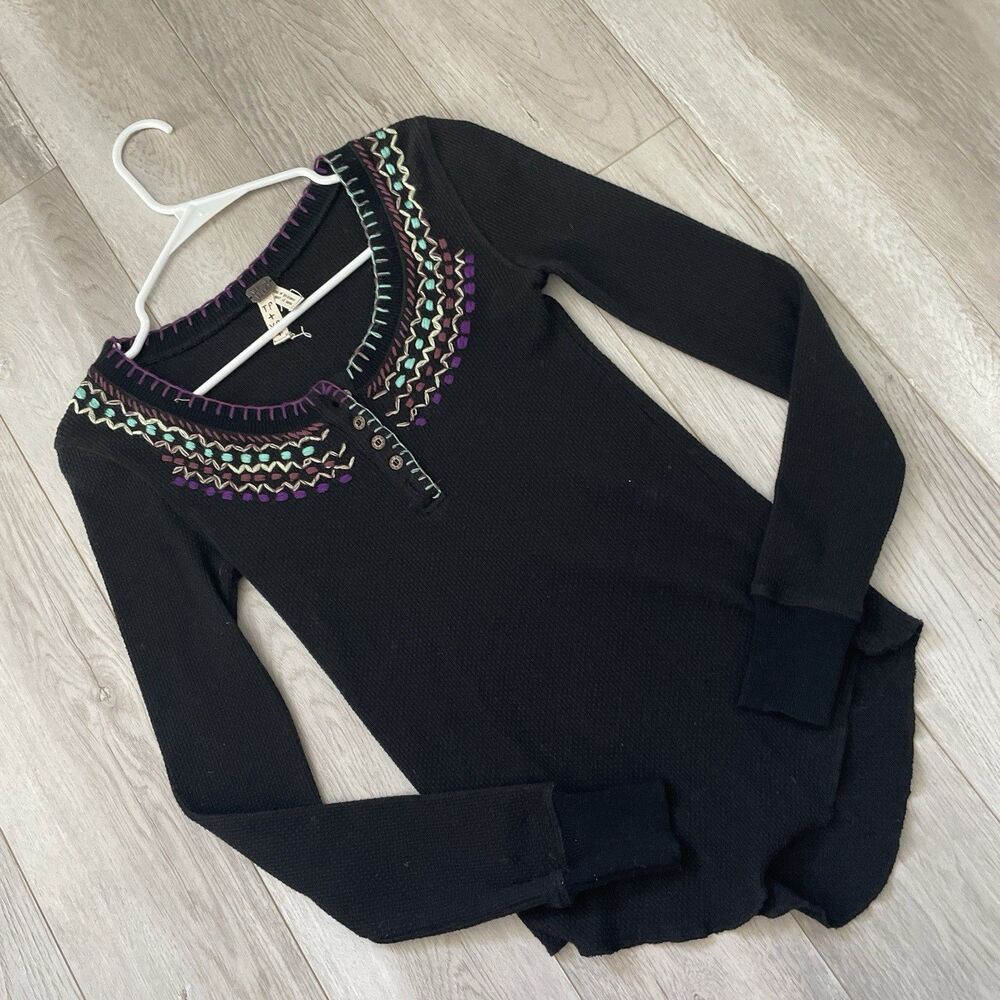 Free People tshirt embroidered henley waffle knit womens Black xsmall boho fall